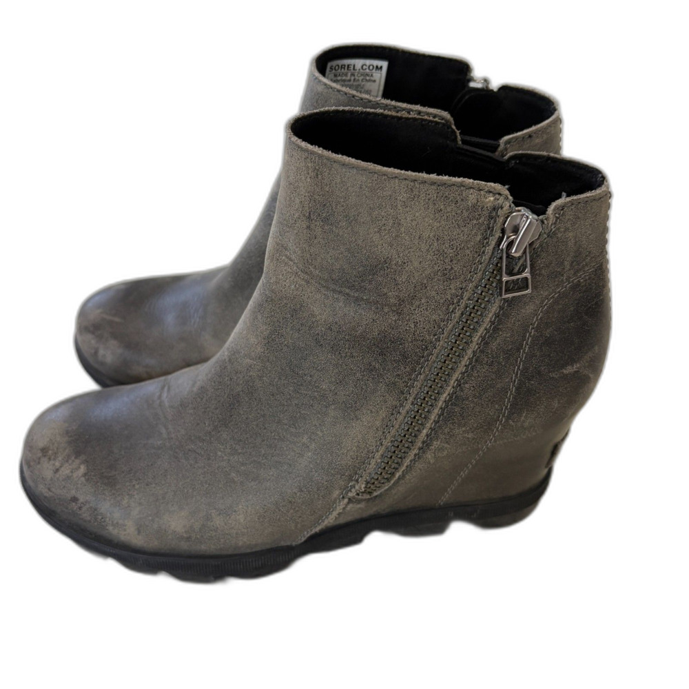Sorel Joan of Arctic Wedge II Grey Leather Chelsea Waterproof Ankle Boots 8